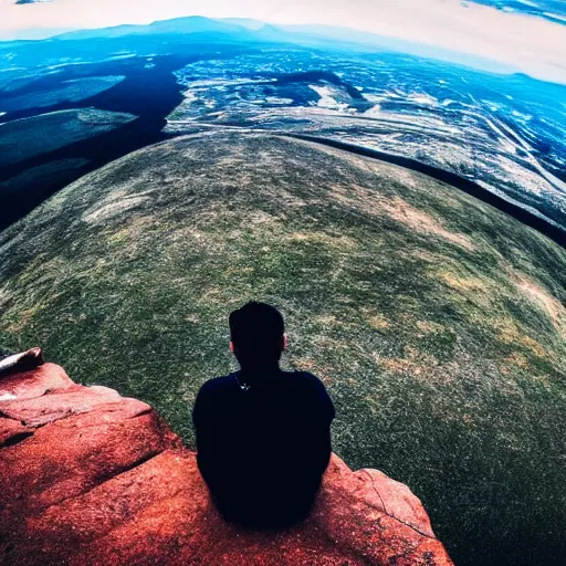 Prompt: a lonely god sits on a mountain overlooking the vast empty world he once ruled, fisheye lens, cinematic, cinematic lighting, cinematic atmosphere