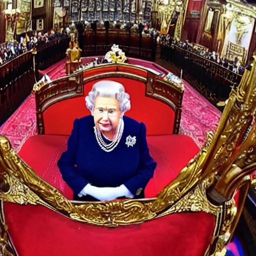 Image similar to a fisheye lens photo of her majesty the queen