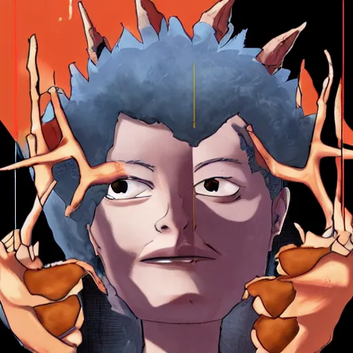 Image similar to portrait of mutant with horn in form of hand, anime, transplanted hand to head, surgery, like bebop, bump in form of hand, growth on head