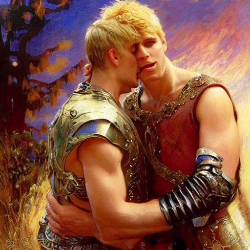 Image similar to attractive arthur pendragon confesses his love to attractive merlin. highly detailed painting by gaston bussiere, craig mullins, j. c. leyendecker 8 k