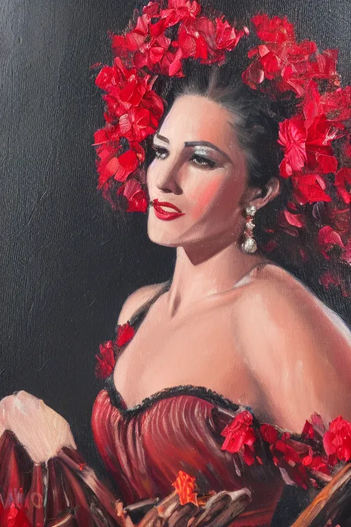 Image similar to vintage detailed oil painting of spanish flamenco dancer in mallorca wearing a red dress made of flowers, dimly lit by candles on the ground, looking away, dark shadows, photo realistic, extreme detail skin, no filter, slr, 4 k, high definition