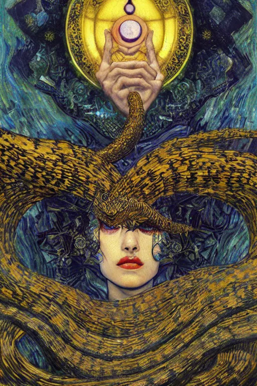 Image similar to Kirisame marisa, touhou project by Karol Bak, Jean Deville, Gustav Klimt, and Vincent Van Gogh, portrait of a sacred serpent, Surreality, otherworldly, fractal structures, arcane, ornate gilded medieval icon, third eye, spirals