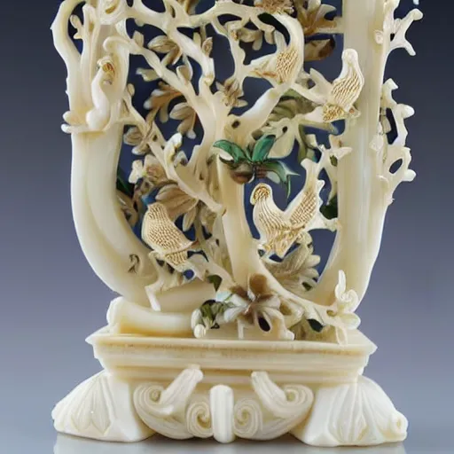 Image similar to a intricate ivory carving sculpture with birds lemons jade stones and jungle leaves, ornate, complex, highly detailed, fine detail