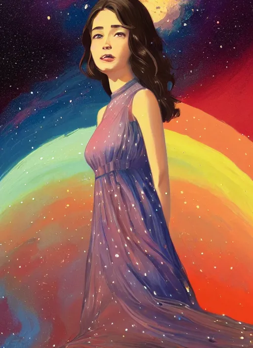 Image similar to full - length portrait of a young woman with dark hair, wearing a flowing sundress, standing in front of a colorful starry galaxy, detailed face, fantasy, cinematic lighting, digital art painting, fine details by realistic shaded lighting poster by ilya kuvshinov katsuhiro otomo, magali villeneuve, artgerm, jeremy lipkin and michael garmash and rob rey