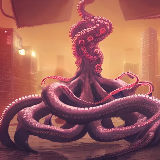 Image similar to Illustration of the Chinese communist party as a dirty octopus with lots of tentacles, dystopian, dirty, 3d shaded, cyberpunk, cgsociety, imax, highly detailed