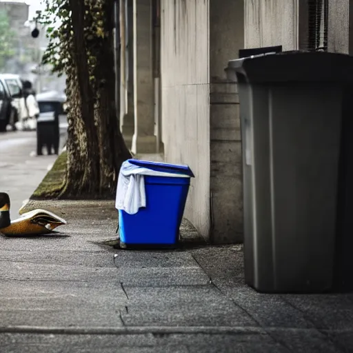 Image similar to A duck staring at a homeless person living in a trashcan, cinematic, professional photography