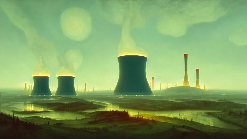 Image similar to A nuclear power plant in utopia by Simon Stålenhag and J.M.W. Turner, oil on canvas; Nuclear Fallout, Art Direction by Adam Adamowicz; 4K, 8K Ultra-Realistic Depth Shading; Epic 4k dream drone shots