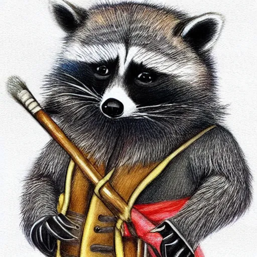 Prompt: a colored pencil drawing of a raccoon dressed as a pirate, very detailed