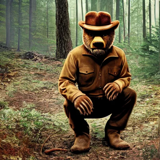 Image similar to UHD canndid photo of Smokey The Bear squatting on a commode in the woods, by Annie leibowitz, photorealisitc, extremely detailed