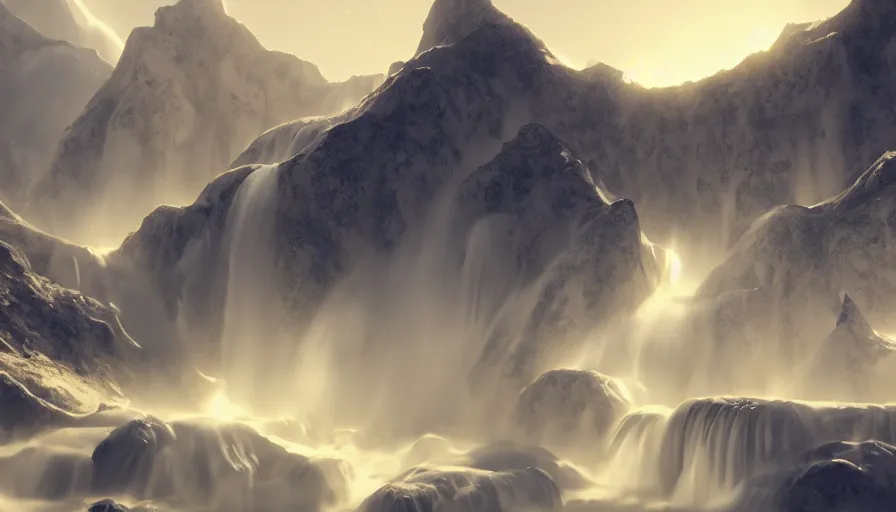 Image similar to Bright white mountains white golden waterfalls, volumetric light, hyperdetailed, artstation, cgsociety, 8k