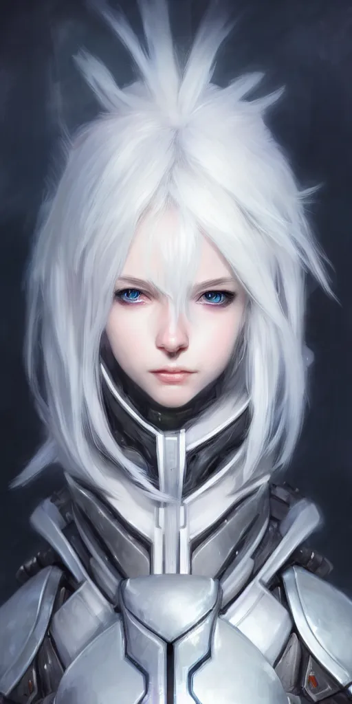 Image similar to perfect white haired girl, warframe armor, beautiful, dreamy, portrait, highly detailed, digital painting, trending on artstation, concept art, sharp focus, illustration, pretty face, blue eyes, sci - fi platform, front lit, laboratory, experiment, masterpiece, art by masayoshi tanaka, akihiko yoshida, kazuya takahashi