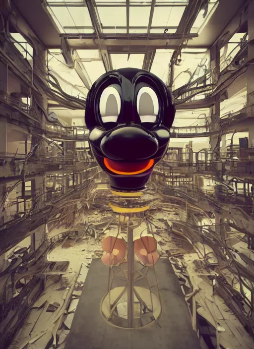 Prompt: engineers building giant head of robotic mickey mouse, inside of abandoned netflix office, by beeple, dystopia, golden ratio, octane render, redshift, trending on artstation, 8 k