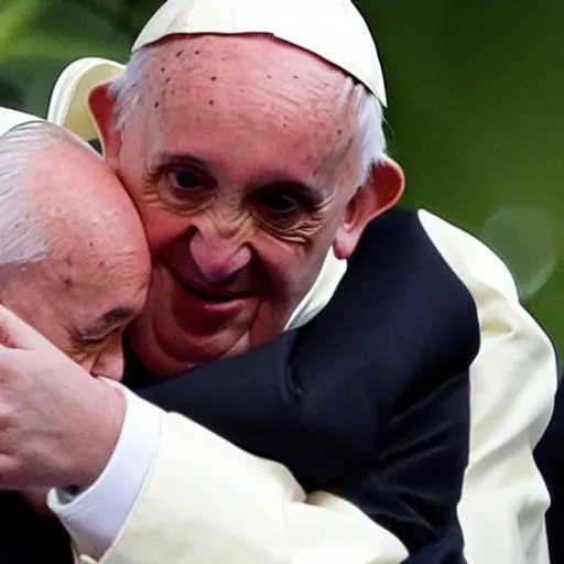 Image similar to Pope Francis hugging a fleshy otherworldly creature with many eyes and tendrils