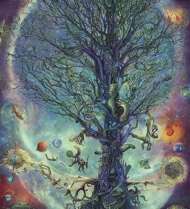 Prompt: aliens grow humans from the cosmic tree of life, whilst it absorbs all galactical and masonic energy fields, by daniel merriam, deep and rich colours,