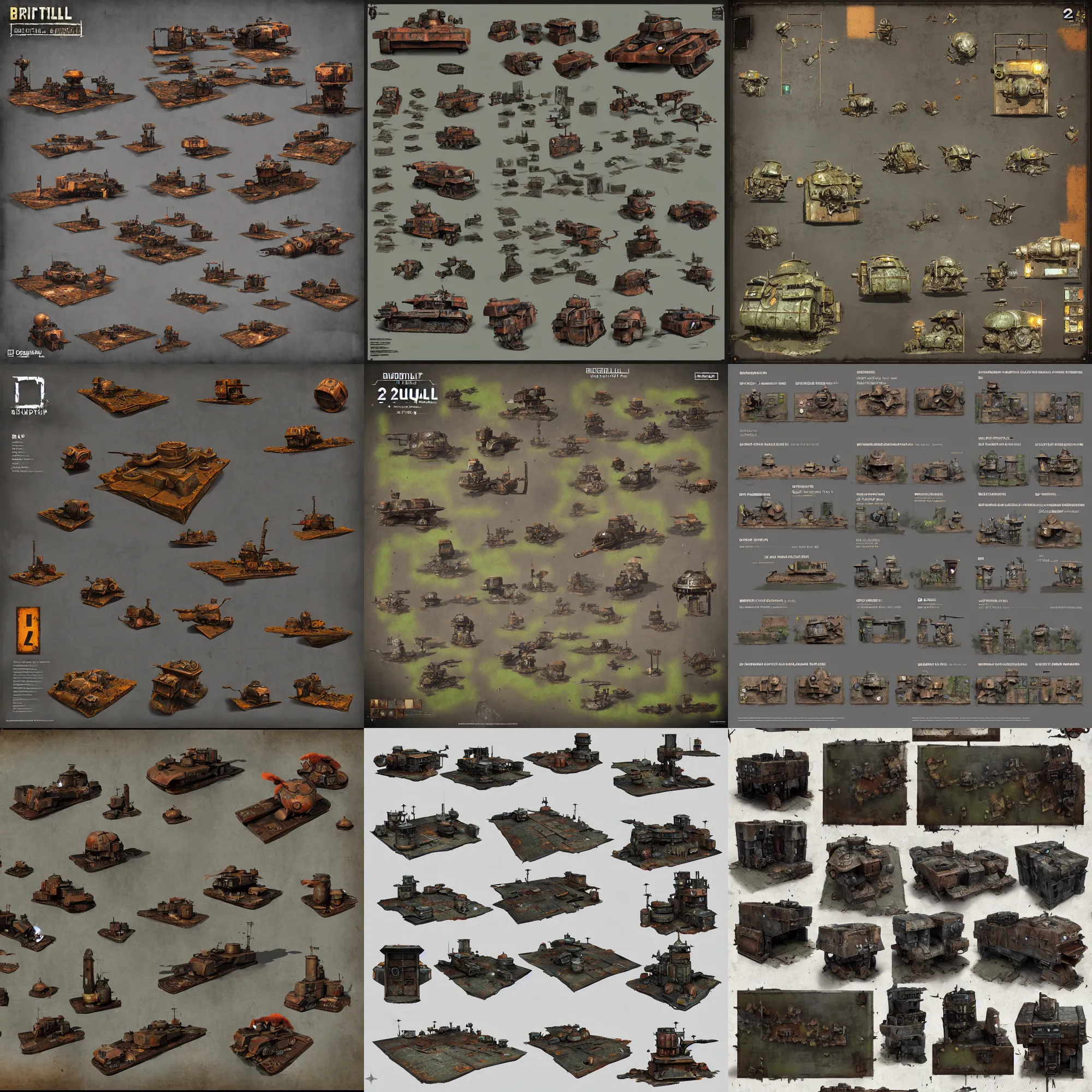 Prompt: 2 d square birdroll 2 0 map asset sheet, digital painted rusted dieselpunk tanks, 2 - minute tabletop, battle map prop, black background, unity asset store, by greg rutkowski, trending on artstation