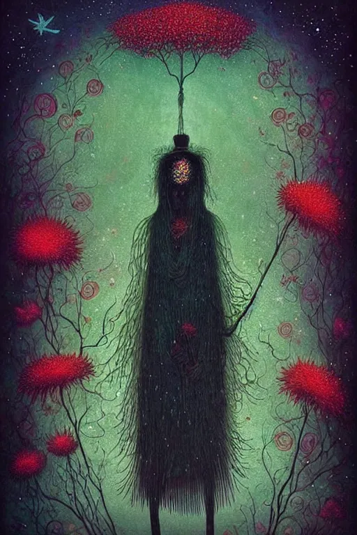 Image similar to surreal neil gaiman's sandman, nostalgia for a fairytale, magic realism, flowerpunk, mysterious, vivid colors, by andy kehoe, amanda clarke