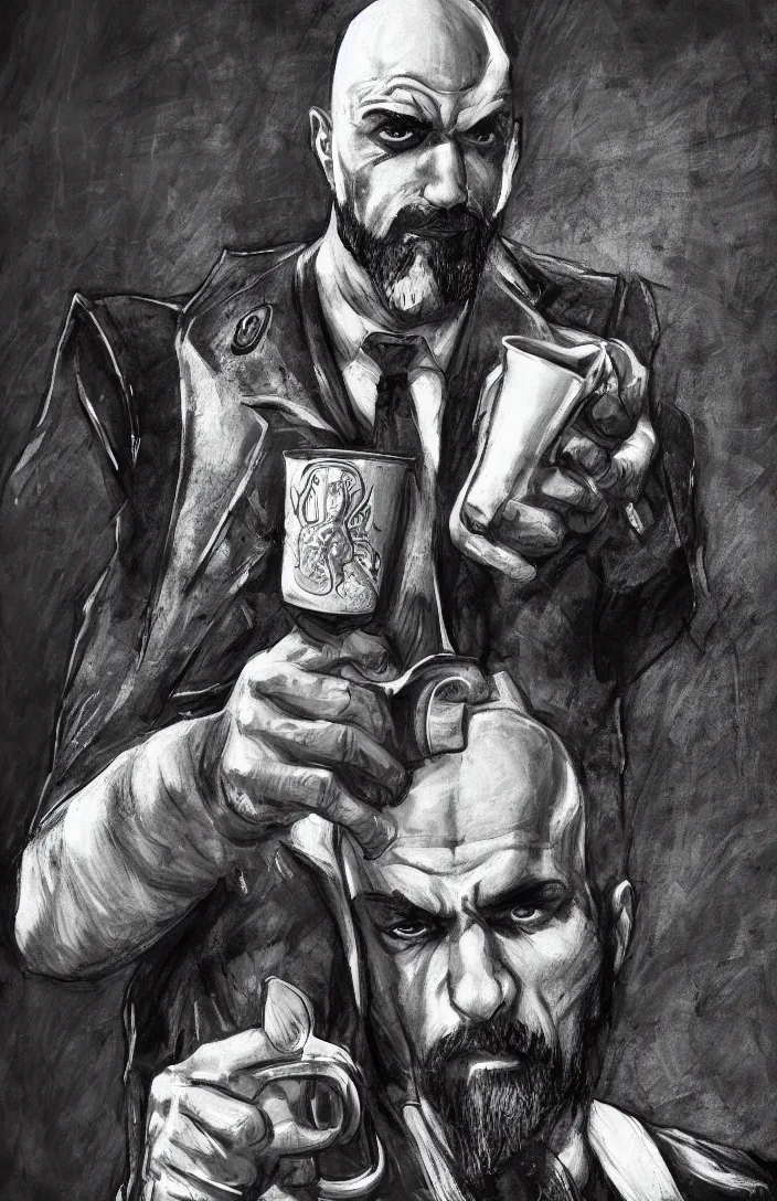 Prompt: detailed portrait of kratos in a suit holding a cup of coffe in his hand, black and white, 5 0's style.