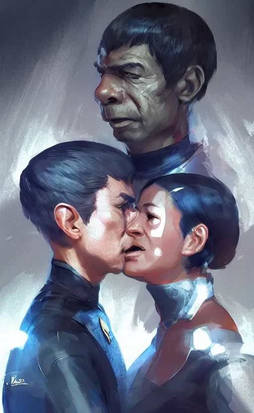 Image similar to Uhura and Spock caught about to kiss, surprise, cute, innocent, soft lighting, standing in a starbase bar, In style of Yoji Shinkawa, wojtek fus, by Makoto Shinkai, concept art, highly detailed