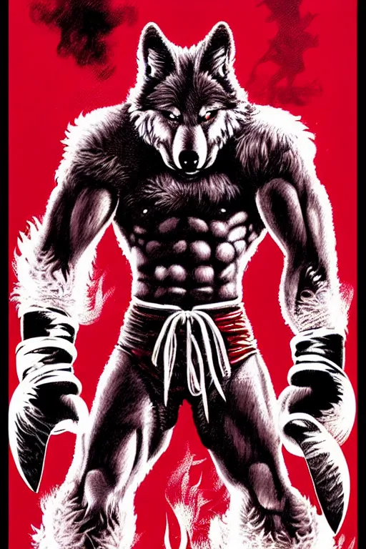 Image similar to extreme long shot. 8 bit nes graphics. antropomorphic muscular masculine wolf. kickboxer fighter, in shorts. wolf head. angry. fine details, very sharp, art from nes game cartridge, 8 0's, vhs artefacts, vaporwave style, marc simonetti and hermann nitsch and anish kapoor.