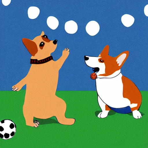 Image similar to illustration of french boy in paris playing football against a corgi, the corgi is wearing a polka dot scarf