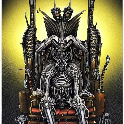 Image similar to Illustration by H.R Giger of The Emperor on his Golden Throne in a body horror style. Warhammer 40k