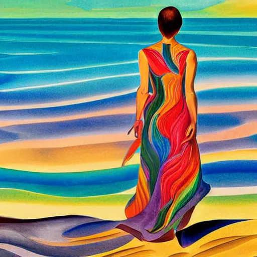 Prompt: a woman standing in the sea at the beach. She is wearing a multicolored flowing dress in the style of Georgia O'Keeffe. Sunlight is reflecting off the waves. Detailed digital art.