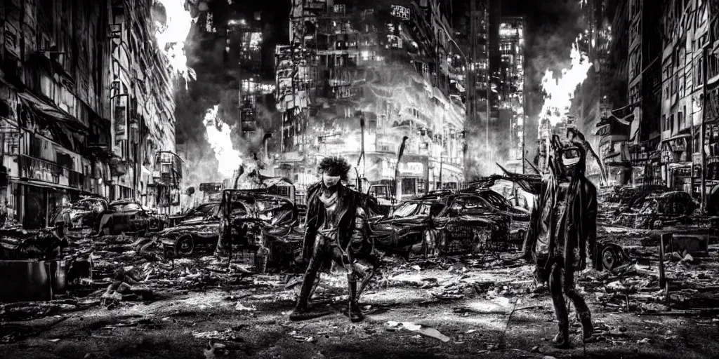 Image similar to post apocalyptic city, revolutionary punk masked up punk, fire, damaged, trash, medium shot, by liam wong