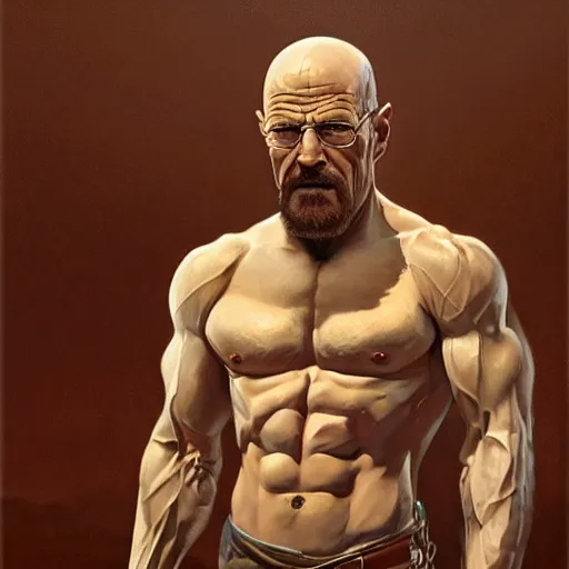 Image similar to the ultimate gigachad, incredibly muscular walter white, walter white with chiseled jawline, trending on / r / moreplatesmoredates, oil on canvas artstation by j. c. leyendecker and edmund blair leighton and charlie bowater octane render