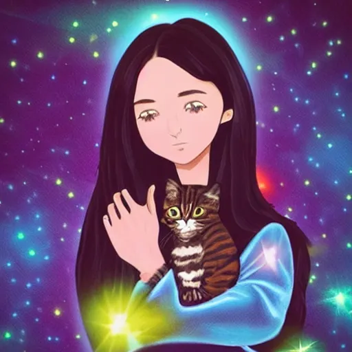 Image similar to a woman with long dark hair holding a cat in her arm standing on steps in a field at night, a hologram by kusama, instagram, optical illusion, full body, ultra hd, neon, pexels contest winner, high quality photo, rtx, hd, shiny eyes, a renaissance painting by sailor moon, anime, anime aesthetic