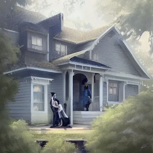 Prompt: a couple standing outside of a small suburban house, dusty blue. beautiful painting by artgerm and greg rutkowski