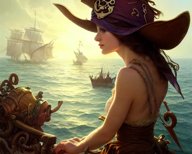 Image similar to pirate hat floating in the sea, low view shot, close up, deep focus, d & d, fantasy, intricate, elegant, highly detailed, digital painting, artstation, concept art, matte, sharp focus, illustration, hearthstone, art by artgerm and greg rutkowski and alphonse mucha