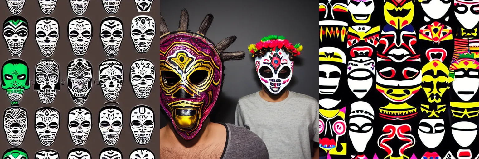 Prompt: medium shot, mexican wrestling masks on mannequin head display, artistic tribal patterns, minimal colors