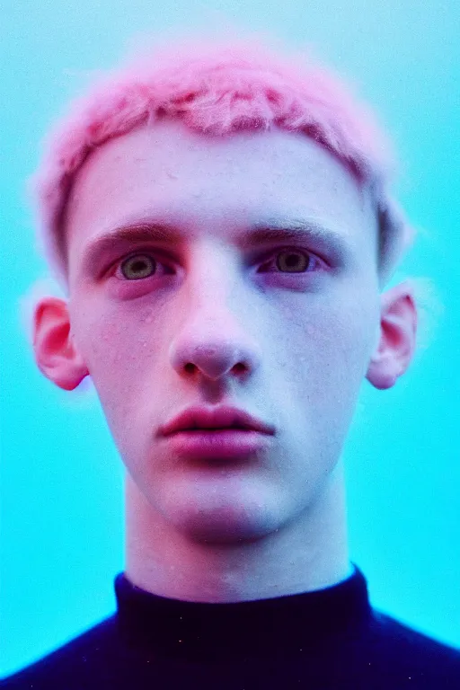 Image similar to high quality pastel coloured film mid angle portrait photograph of a beautiful young 2 0 year old male, soft features, short hair, perspex space visor and oversized inflated clothing!!!! icelandic black! rock pool environment. atmospheric three point light. photographic. art directed. ( pastel colours ). volumetric. clearcoat. waves. 8 k. filmic.