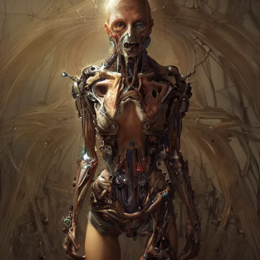 Image similar to portrait painting of a biomech cyborg zombie, ultra realistic, concept art, intricate details, eerie, highly detailed, photorealistic, octane render, 8 k, unreal engine. art by artgerm and greg rutkowski and alphonse mucha