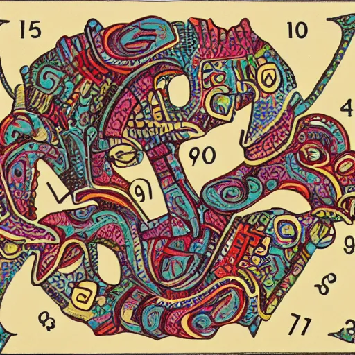 Image similar to monstrous number 7 eating a number 9, intricate art