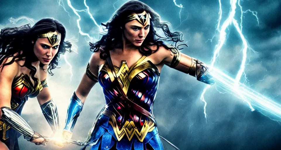 Image similar to thor, vs., wonder woman, cinematic movie scene, epic fight, blue lightning, yellow lightning, photo