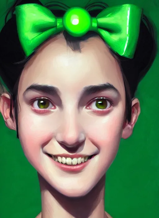 Prompt: portrait of high school girl, realistic, black hair, bangs, half updo hairstyle, pointy nose, skinny, smile, ugly, defined jawline, big chin, green hair bow, earrings, intricate, elegant, glowing lights, highly detailed, digital painting, artstation, sharp focus, illustration, art by wlop, mars ravelo and greg rutkowski