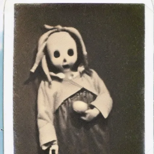 Prompt: creepy polaroid photo of a cursed doll found in a house