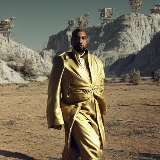 Image similar to kanye west as muammar kadhafi as emperor napoleon in fallout new vegas, splash art, movie still, detailed face, cinematic lighting, dramatic, octane render, long lens, shallow depth of field, bokeh, anamorphic lens flare, 8 k, hyper detailed, 3 5 mm film grain