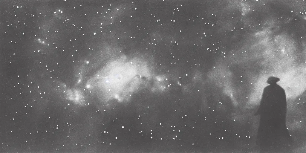 Prompt: close up photography of alpine farmer turning into stars and universe nebula, 1. 2 f, 3 5 mm, dark, eerie, 1 9 2 0 s ghost photography