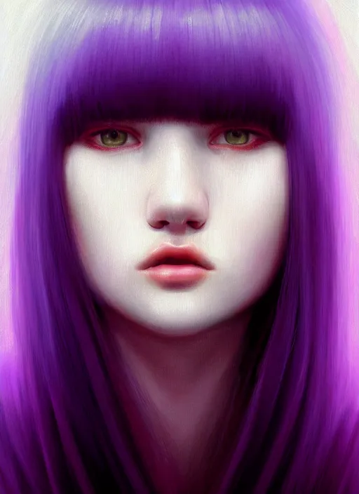 Image similar to hair whitebangs hair, black hair, whitebangs, portrait of teenage girl with white bangs, red irises, purple clothes, white bangs, bangs are different color from hair, intricate, elegant, glowing lights, highly detailed, digital painting, artstation, concept art, smooth, sharp focus, illustration, art by wlop, mars ravelo and greg rutkowski