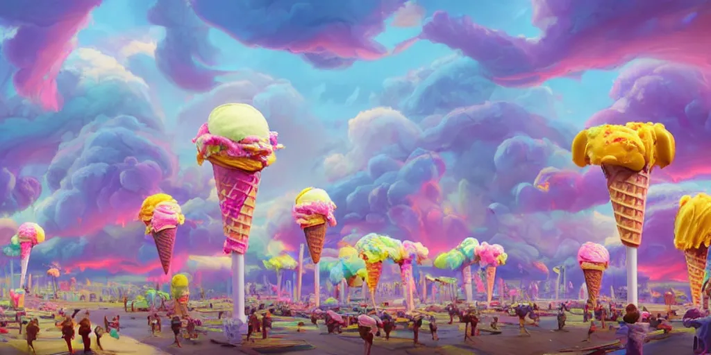 Image similar to ice cream candy apocalypse, colorful, wide angle, super highly detailed, professional digital painting, artstation, concept art, smooth, sharp focus, no blur, no dof, extreme illustration, Unreal Engine 5, Photorealism, HD quality, 8k resolution, cinema 4d, 3D, beautiful, cinematic, art by artgerm and greg rutkowski and alphonse mucha and loish and WLOP