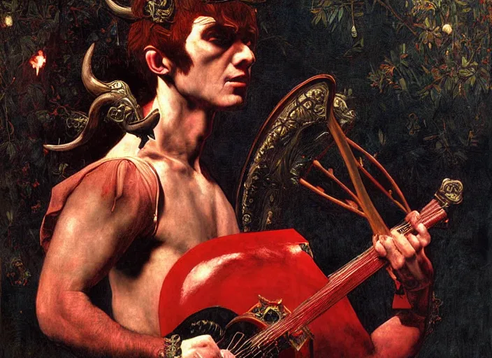 Image similar to a devil with red skin and horns. the red devil is bard playing lute. edgar maxence and caravaggio and michael whelan and delacroix style, artistic, intricate painting, cinematic lighting, hyper realistic, extremely detailed, vivid colors, establishing shot, dramatic lighting