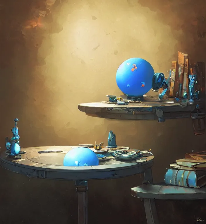 Image similar to a blue ball on a table, digital artwork by Peter Mohrbacher and Dan Mumford and Wlop