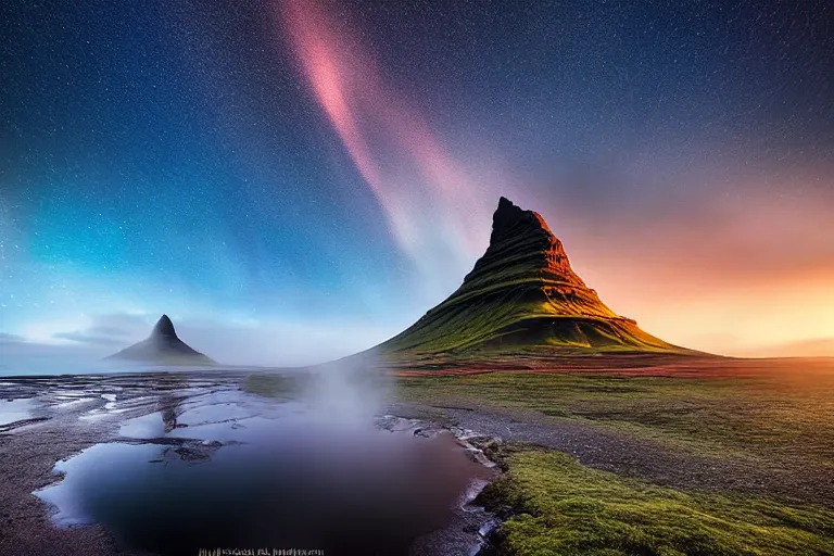 Image similar to amazing landscape photo of Kirkjufell by marc adamus, beautiful, dramatic lighting