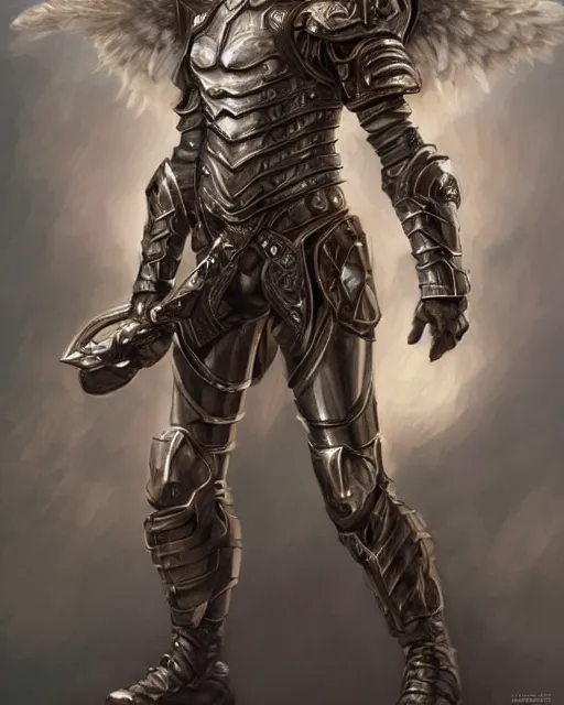 Image similar to Portrait of an empty armour of an angel warrior, focus on the pants and boots with graved runes , highly detailed, digital painting, artstation, concept art, smooth, sharp focus, illustration, art by Hajime Sorayama