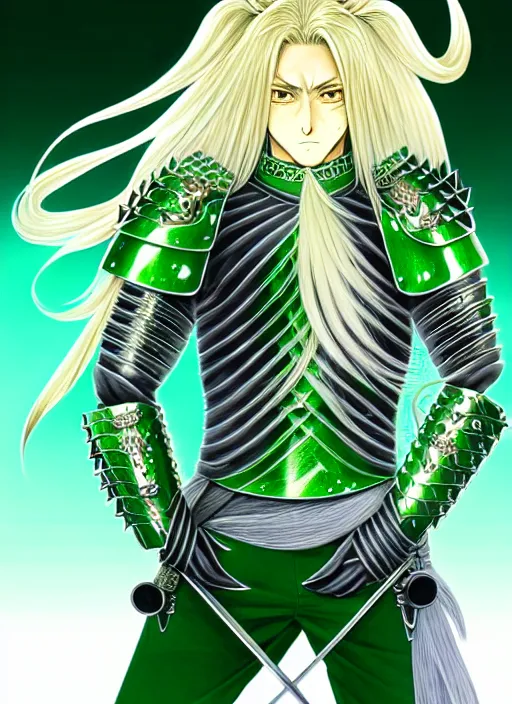 Prompt: a detailed manga full body portrait illustration of a man with long blonde hair wearing bladed jade green armour by hirohiko araki, detailed artwork, realism, 4 k resolution, detailed, high quality, sharp focus, hq artwork, insane detail, volumetric lighting, character concept art, fine details, clear subject, central subject