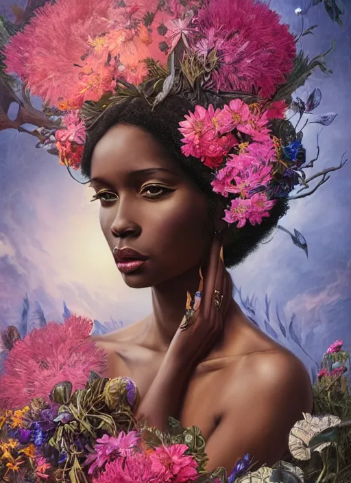 Image similar to portrait of the african queen of the underworld, surrounded by flowers by karol bak, james jean, tom bagshaw, rococo, sharp focus, trending on artstation, cinematic lighting, hyper realism, octane render, 8 k, hyper detailed.