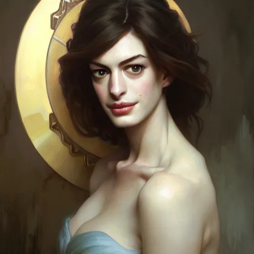 Image similar to a portrait painting of anne hathaway / rachel lane hybrid in the oil painting unreal 5 daz. rpg portrait, extremely detailed artgerm greg rutkowski alphonse mucha vladimir volegov