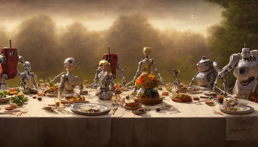 Prompt: a table dinner of robots where robots are dressed like the characters from the midsommar movie, ornate, sharp focus, wide shot, trending on artstation, masterpiece, by greg rutkowski, by ross tran, by fenghua zhong, octane, soft render, ultrarealistic, colorful, cinematic